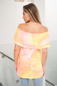 Off the shoulder tie dye knit top featuring an overlay ruffle - Orange