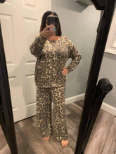 Plus Size Leopard Print two piece lounge set with wide leg pants