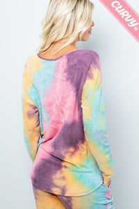 PLUS Long sleeve Tie-Dye Print top V-neck line. Very soft and comfortable  Pink Magenta, Mauve Charcoal or Blue Charcoal