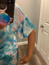 TIE DYE TEXTURED KNIT TOP WITH GATHERED SHORT SLEEVES - PASTEL BLUE or PASTEL GREEN.