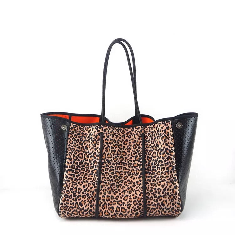 Leopard with Black Metallic Side Panels Neoprene Tote