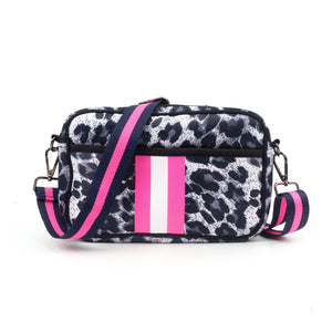 Grey Leopard Pink Stripe Neoprene Crossbody Bag