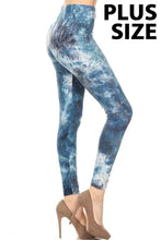 Plus size blue and white tie dye printed, full length, high waisted leggings