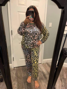 leopard print knit matching two piece set with long sleeve round neck top and pants featuring side pockets and drawstring detail - Rainbow