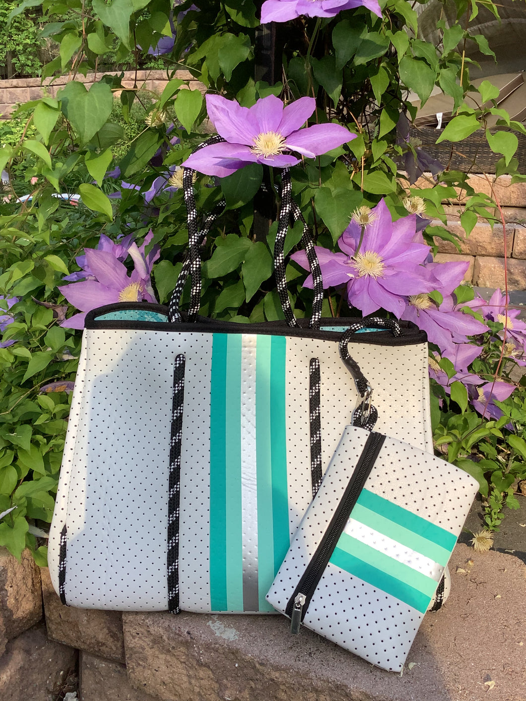 White with Mint & Silver Stripe Neoprene Tote