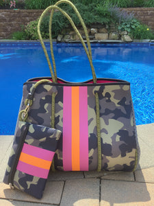 Green Camo with Neon Orange/Lavender Stripe Neoprene Tote bag 🧡💜