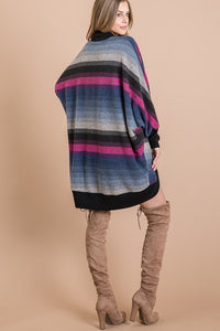 BRUSHED MULTI COLOR STRIPED OPEN CARDIGAN WITH LONG DOLMAN SLEEVES AND CURVED HEM - Magent Multi or Olive Multi