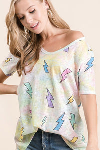 LIGHTNING PRINT WITH TIE DYE GROUND DEEP U NECK