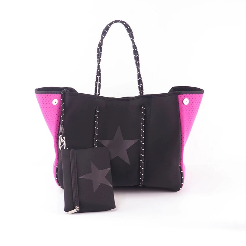 Black Star with Fuchsia side Panels Neoprene Tote