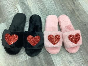 ❤️ Red Glitter Hearts Plush Open Toe Slippers - Black, Pink, White