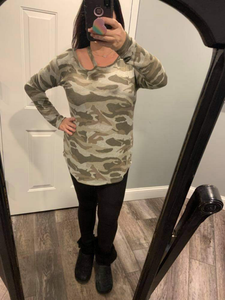 CAMOUFLAGE PRINT ROUND NECKLINE LONG SLEEVE TOP WITH CUTOUT SHOULDER DETAIL- ARMY GREY or ARMY OLIVE