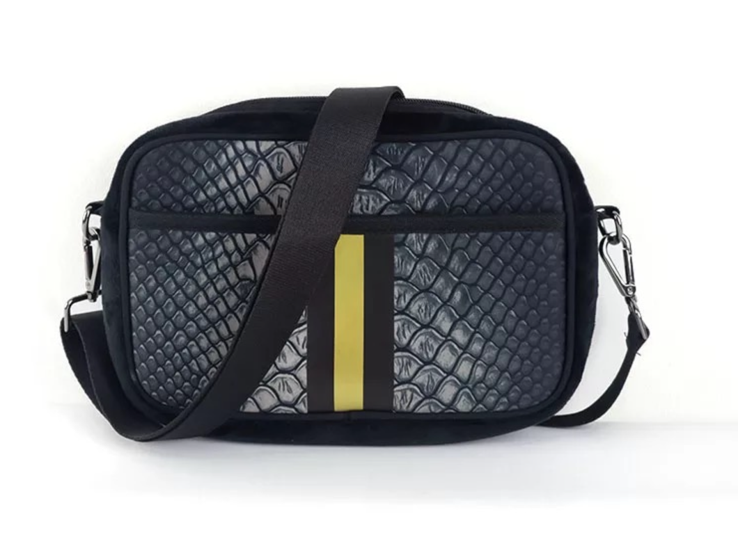 Charcoal Crocodile with Gold Stripe Neoprene Crossbody Bag