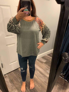 Long sleeve solid knit top with a round neck featuring a puff sleeve and a leopard print trim - Ivory or Olive