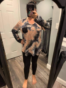 PLUS SIZE LONG SLEEVE TIE DYE PRINT TOP WITH BLACK SEQUIN POCKET - BLACK/TEAL or a BLACK/TAN