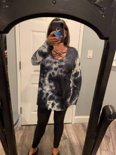 LONG SLEEVE CRISSCROSS V NECK ROUND HEM TIE DYE PRINT TOP PLUS SIZE - BLACK/IVORY, BLACK/BURGUNDY or BLACK/TEAL