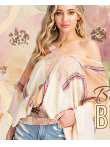 V Neck Scarf Print Kimono Top - Peach