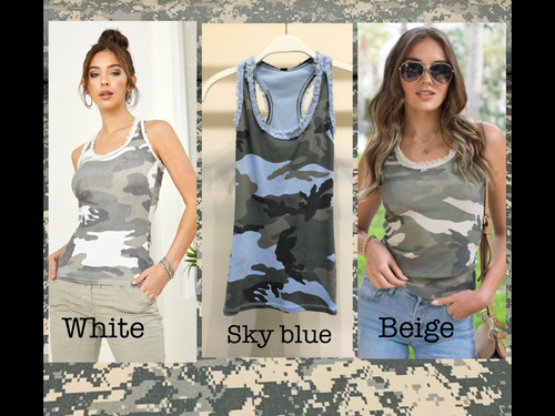 VENTI6 TANK TOP WITH FRINGE SEAM CLEAR SEQUIN CONTRAST - BEIGE, WHITE OR SKY BLUE CAMOUFLAGE