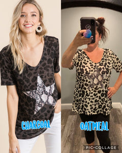 LEOPARD HACCI DEEP U NECK TOP WITH SNAKESKIN - CHARCOAL or OATMEAL. ** CLEARANCE FINAL SALE!!