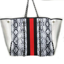 Snake Skin Neoprene Tote with Red & Black Stripe & Silver Side Panels