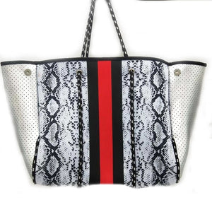 Snake Skin Neoprene Tote with Red & Black Stripe & Silver Side Panels