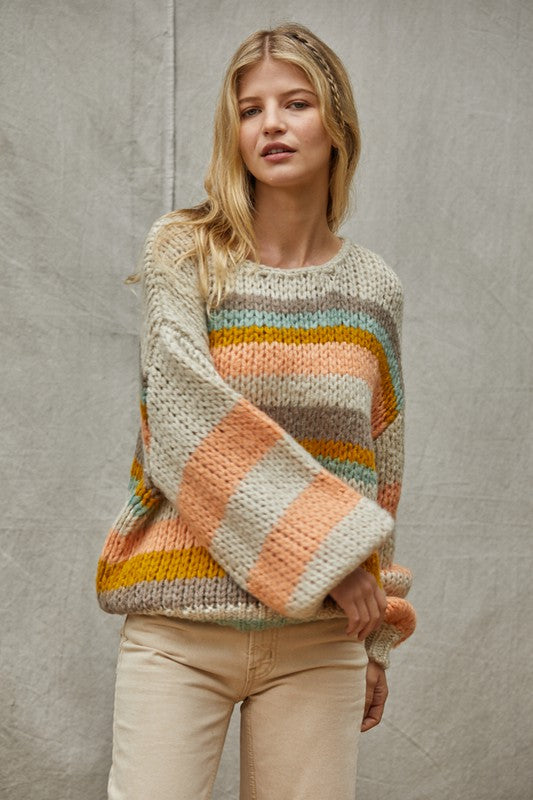 Monte Stripe Sweater - Taupe/Coral