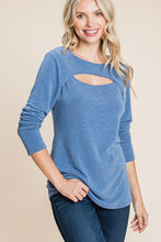 Plus Solid Cut Out Long Sleeve Top - Denim Blue