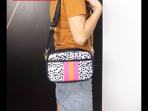 White Black Dot w/ Pink/Orange Stripe Neoprene Crossbody Bag