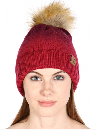 C.C Foldover Ombre Knit Beanie Hat with Faux Fur Pom Pom - Burgundy