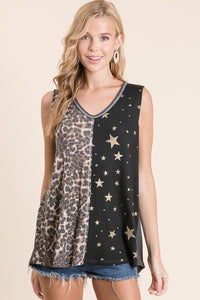 SLEEVELESS PRINT MIX FRONT TOP WITH CONTRAST - available with gold or silver stars