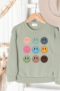 KIDS SMILEY FACES GRAPHIC SWEATSHIRTS - LIGHT SAGE OR WHITE