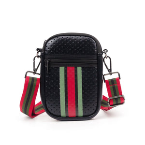 METALLIC BLACK RED GREEN STRIPE MULTI ZIPPER NEOPRENE PHONE HOLDER W/1.25" STRIPE STRAP