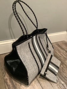 Grey with Black, Grey & White Stripe Neoprene Tote