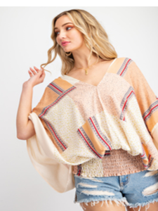 V Neck Scarf Print Kimono Top - Peach