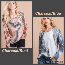 TIE DYE DISTRESSED KNIT TOP WITH LEOPARD SHOULDER BLOCK AND TIE DYE PRINT SLEEVES - CHARCOAL/BLUE MIX or CHARCOAL/RUST MIX