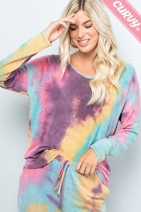 PLUS Long sleeve Tie-Dye Print top V-neck line. Very soft and comfortable  Pink Magenta, Mauve Charcoal or Blue Charcoal