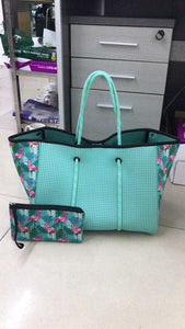 Flamingo Print Neoprene Tote - Mint