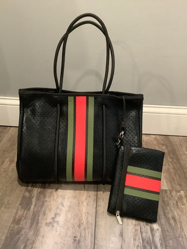 Black Metallic with Red & Green Stripe Neoprene Tote ❤️💚🖤