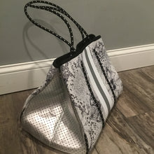 Snakeskin Neoprene Tote With Grey Stripe & Silver Side Panels