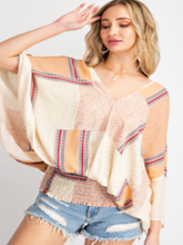 V Neck Scarf Print Kimono Top - Peach