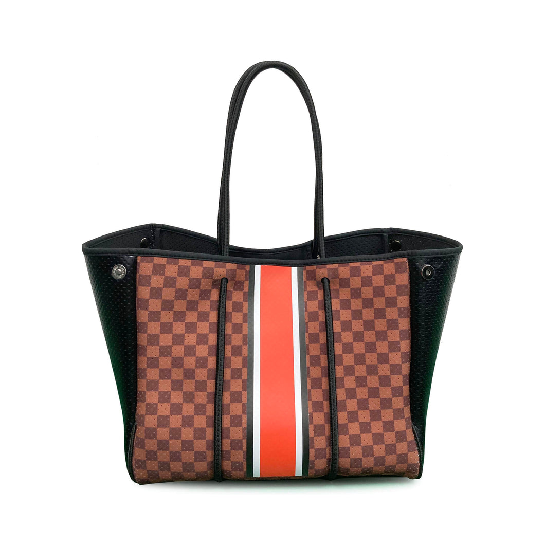 Checkerboard Print W/ Orange Stripe Neoprene Tote