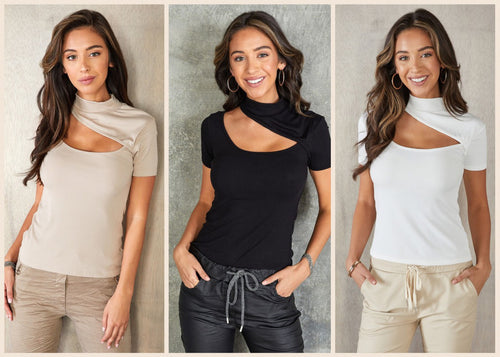 TURTLE NECK ASYMMETRICAL SHORT SLEEVE RIBBED TOP - BEIGE OR WHITE