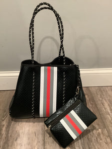 Metallic Black Neoprene with Red & White Stripe Neoprene tote 🖤❤️🤍