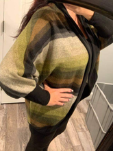 BRUSHED MULTI COLOR STRIPED OPEN CARDIGAN WITH LONG DOLMAN SLEEVES AND CURVED HEM - Magent Multi or Olive Multi