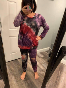 TIE DYE MULTI COLOR TOP W/ JOGGER SET - NAVY/AQUA or BLACK/EGGPLANT/MAGENTA