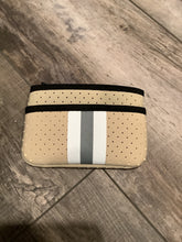 Tan with Grey Stripe Mini Neoprene Card, Wallet, Bag Key Purse with Zipper Closure