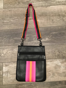 Black metallic neoprene crossbody with pink and orange stripes 💗🧡