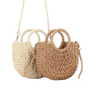 Summer Straw Woven Bags Round Handle Shoulder/ Clutch - Natural or Taupe