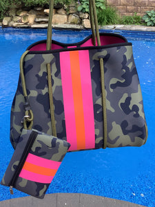 Green Camo with Orange/ Pink Stripe Neoprene Tote bag 🧡💗