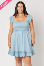 PLUS SOLID SMOCKED RUFFLE MINI DRESS - DUSTY BLUE