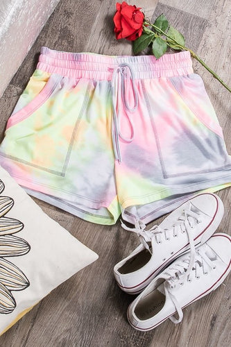 TIE-DYE SHORTS WITH ELASTICIZED WAISTBAND, DRAWSTRINGS, AND SLANTED POCKETS - PINK MULTI 💖